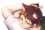  :3 ahoge animal_ears arm_pillow brown_hair cat_ears danganronpa green_eyes highres hinata_hajime kame4282 male_focus out_of_frame pov smile solo_focus super_danganronpa_2 