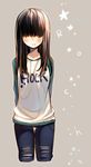  brown_hair clothes_writing cropped_legs denim grey_background hair_over_eyes hidden_eyes jeans long_hair pants raglan_sleeves shirt sidelocks simple_background solo standing star t-shirt thigh_gap yamcha_(cocololi) 