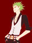  1boy blazblue green_hair hands_in_pocket hazama jewelry male male_focus necklace open_chest ring smile vest yuuki_terumi 
