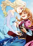  anna_(frozen) blonde_hair braid brown_hair cape closed_eyes dress elsa_(frozen) face-to-face forehead-to-forehead freckles from_side frozen_(disney) happy highres holding_hands interlocked_fingers long_sleeves multiple_girls oiun see-through siblings single_braid sisters snow snowflakes snowing tears twin_braids 