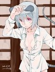  akagashi_hagane alternate_costume animal_ears breasts dated dress_shirt grey_hair hand_on_own_face long_sleeves medium_breasts mouse_ears mouse_tail nazrin open_clothes open_shirt red_eyes shirt short_hair solo sweat tail text_focus touhou white_shirt 