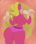  anthro ape banana big_breasts big_butt blonde_hair blue_eyes breasts butt candy_kong eating female fruit hair looking_at_viewer looking_back mammal monkey primate slb sugesstive_eating suggestive suggestive_food topless 