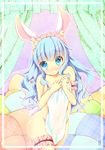  :&lt; animal_ears blue_eyes blue_hair blush bunny_ears covering covering_breasts elin_(tera) groin highres kt_cano long_hair nude solo tail tears tera_online towel 