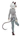  akagashi_hagane alternate_costume animal_ears back blue_legwear casual full_body grey_hair legwear_under_shorts long_sleeves looking_at_viewer looking_back mouse_ears mouse_tail nazrin no_shoes pantyhose pantyhose_under_shorts red_eyes short_hair shorts simple_background solo standing striped striped_sweater sweater tail touhou white_background 