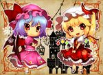  bat_wings blonde_hair blue_hair bow chibi crossed_arms dress fang flandre_scarlet hat hat_bow multiple_girls puffy_short_sleeves puffy_sleeves red_eyes remilia_scarlet short_hair short_sleeves siblings side_ponytail sisters touhou v_arms wadani_hitonori wings 