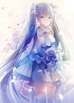  39 beamed_eighth_notes blue_eyes bouquet eighth_note elbow_gloves filiananna flower gloves hair_flower hair_ornament hatsune_miku highres long_hair musical_note skirt solo tears thighhighs twintails very_long_hair vocaloid 