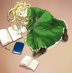  bad_id bad_pixiv_id book crayon drawing dress expressionless full_body green_dress ib iko_(i-my-16) long_hair looking_away lying mary_(ib) notebook open_book pantyhose shoes solo very_long_hair 
