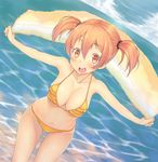  bikini blush breasts cleavage day frilled_bikini frills hataraku_maou-sama! kabocha_head large_breasts looking_at_viewer navel ocean open_mouth orange_bikini orange_eyes orange_hair outstretched_arms sasaki_chiho shiny shiny_skin short_hair short_twintails solo spread_arms swimsuit towel twintails wading 