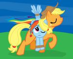  blonde_hair blue_fur bound carrying cutie_mark duo equine female feral freckles friendship_is_magic fur grass hair hairband hat hi_res horse long_hair mammal mane moabite multi-colored_hair my_little_pony one_eye_closed orange_fur outside pegasus pony purple_eyes rainbow_dash_(mlp) rainbow_hair shadow sky smile wings 