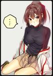 1girl bad_id bad_pixiv_id banned_artist blush bow breasts brown_eyes brown_hair hair_bow hair_ribbon ise_(kantai_collection) japanese_clothes kantai_collection large_breasts long_hair looking_away okia ponytail ribbon sitting skirt solo 