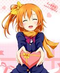  :d ^_^ blazer blush box closed_eyes happy_valentine heart heart-shaped_box incoming_gift jacket karamoneeze kousaka_honoka love_live! love_live!_school_idol_project one_side_up open_mouth orange_hair otonokizaka_school_uniform scarf school_uniform smile solo valentine 