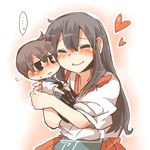  2girls akagi_(kantai_collection) bad_id bad_twitter_id black_eyes blush brown_hair chibi closed_eyes heart jitome kaga_(kantai_collection) kantai_collection long_hair lowres minigirl multiple_girls nuzzle open_mouth rebecca_(keinelove) short_hair side_ponytail smile sweat 