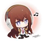  beamed_eighth_notes belt brown_hair chibi hahifuhe headphones jacket long_hair makise_kurisu musical_note necktie pantyhose purple_eyes solo steins;gate 