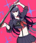  black_hair cosplay crop_top crop_top_overhang eyebrows kill_la_kill kiryuuin_satsuki kouichirou long_hair matoi_ryuuko matoi_ryuuko_(cosplay) midriff navel school_uniform senketsu serafuku skirt solo suspenders sword weapon 