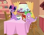  book chair dragon duo equine female food friendship_is_magic fur green_eyes hair hi_res horn male mammal multi-colored_hair multiversecafe my_little_pony purple_eyes purple_fur spike_(mlp) twilight_sparkle_(mlp) unicorn 