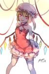  adapted_costume arm_ribbon backlighting bare_shoulders blonde_hair collarbone flandre_scarlet hat hat_ribbon highres looking_at_viewer mob_cap myero open_mouth red_eyes ribbon shirt side_ponytail signature sleeveless sleeveless_shirt smile solo thighhighs touhou white_legwear wings zettai_ryouiki 