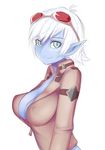  blue_eyes blue_skin breasts cleavage covered_nipples goggles goggles_on_head large_breasts league_of_legends looking_at_viewer nekonyan_(nekoworld) older open_clothes open_shirt pointy_ears shirt short_hair smile solo tristana unzipped white_hair yordle zipper 