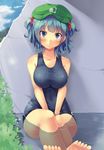  :&lt; barefoot blue_eyes blue_hair blush breasts covered_navel crossed_legs hair_bobbles hair_ornament hat highres kawashiro_nitori large_breasts looking_at_viewer one-piece_swimsuit partially_submerged school_swimsuit short_hair sitting snowcanvas solo swimsuit toes touhou two_side_up v_arms water 
