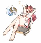  animal_ears bad_feet barefoot bathing blush cat_ears crossed_legs eighth_note error fang feet full_body kaenbyou_rin long_hair musical_note nude open_mouth partially_submerged red_hair simple_background sketch skull smile solo toes touhou towel tsuga wheelbarrow white_background wrong_feet 
