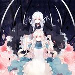  blonde_hair dress dual_persona ewigkey flower hair_ribbon kagerou_project kozakura_marry long_hair multiple_girls outer_science_(vocaloid) red_eyes ribbon smile tears white_hair 