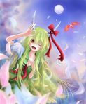  ex-keine fangs fujiwara_no_mokou full_moon green_hair horn_ribbon horns kamishirasawa_keine long_hair moon one_eye_closed open_mouth petals red_eyes ribbon solo touhou yushika 