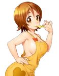  bow breasts brown_eyes brown_hair candy candy_wrapper cleavage food hand_on_hip happinesscharge_precure! heart large_breasts looking_at_viewer mouth_hold naked_overalls onsoku_maru oomori_yuuko overalls precure short_hair sideboob simple_background smile solo suspenders 
