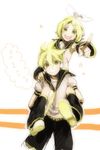  1girl bad_id bad_pixiv_id belt blonde_hair brother_and_sister carrying grin hairband iko_(i-my-16) kagamine_len kagamine_rin piggyback pointing short_hair shorts siblings smile twins vocaloid 
