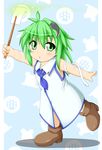  frog_hair_ornament gohei green_eyes green_hair hair_ornament haraegushi highres kochiya_sanae kokujuuji neckerchief oonusa sleeveless snake solo tadpole touhou younger 