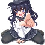  akatsuki_(kantai_collection) black_hair blue_eyes blush dd_(ijigendd) hat kantai_collection loafers long_hair looking_at_viewer neckerchief open_mouth pantyhose pointing pointing_at_viewer school_uniform serafuku shoes sitting skirt solo wariza 