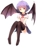  :t alternate_costume bat_wings black_legwear highres knees_together_feet_apart knees_up lavender_hair looking_at_viewer no_shoes pout red_eyes remilia_scarlet school_uniform serafuku shone short_hair short_sleeves simple_background sitting solo thighhighs touhou uu~ v_arms white_background wings 