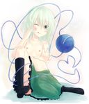  ;q black_legwear blush collarbone flat_chest green_eyes green_hair highres kneehighs komeiji_koishi navel nipples one_eye_closed solo third_eye tongue tongue_out topless touhou yushika 