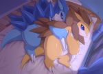  alolan_sandslash ambiguous_gender bed blue_eyes cuddling detailed_background duo eyewear feral glasses hibari kajinchu nintendo pok&eacute;mon pok&eacute;mon_(species) regional_variant sabari sandslash spooning video_games 