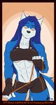  abs anthro biceps big_breasts blue_fur blue_hair breasts canine castbound clothing female fur hair hopey long_hair mammal muscles muscular_female pose shorts solo standing wolf 