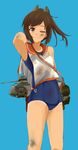  bad_id bad_pixiv_id bare_shoulders brown_eyes brown_hair highres i-401_(kantai_collection) kaipankun kantai_collection looking_at_viewer one-piece_swimsuit one_eye_closed ponytail school_swimsuit school_uniform short_hair short_ponytail simple_background smile solo swimsuit swimsuit_under_clothes tan 