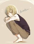  androgynous armin_arlert barefoot blonde_hair blue_eyes blush character_name from_side male_focus pants shingeki_no_kyojin solo squatting yamcha_(cocololi) 
