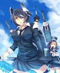  aircraft airplane bad_id bad_pixiv_id breasts eyepatch headgear highres kantai_collection large_breasts middle_finger multiple_girls open_mouth purple_hair school_uniform short_hair suohachi sword tatsuta_(kantai_collection) teeth tenryuu_(kantai_collection) thighhighs twitter_username weapon yellow_eyes 