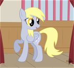  blonde_hair curtains cutie_mark derpy_hooves_(mlp) equine female feral friendship_is_magic fur grey_fur hair hi_res horse inside looking_back mammal my_little_pony open_mouth pegasus pony raised_hoof smile solo standing stripes wings wood yellow_eyes 