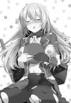  atago_(kantai_collection) blush breasts cccpo closed_eyes gloves greyscale hat hat_removed headwear_removed holding holding_hat kantai_collection large_breasts long_hair monochrome navel nipples open_mouth pantyhose single_glove sitting solo torn_clothes torn_legwear wariza 