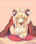  ahoge animal_ears blanket blonde_hair blue_eyes blush breasts chocolate chocolate_heart cleavage dated food garuta_(yamcha) happy_valentine heart large_breasts long_hair looking_at_viewer lying mouth_hold on_stomach original pillow solo valentine yamcha_(cocololi) 