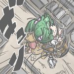  blonde_hair bow bucket giantess green_eyes green_hair hair_bobbles hair_bow hair_ornament horns ibuki_suika in_bucket in_container kisume kureha_mitsushige multiple_girls parody shingeki_no_kyojin spinning three-dimensional_maneuver_gear touhou wooden_bucket 