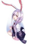 animal_ears arm_support blazer bunny_ears bunny_tail jacket kyon_(fuuran) long_hair looking_at_viewer partially_undressed purple_hair red_eyes reisen_udongein_inaba sitting skirt solo tail touhou 