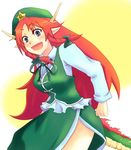  :d antlers arms_at_sides beret blue_eyes blush_stickers braid breasts chinese_clothes clenched_hands dragon_girl dragon_tail hat hong_meiling kemonomimi_mode large_breasts long_hair long_sleeves looking_at_viewer open_mouth pointy_ears re-cycle red_hair side_slit slit_pupils smile solo star tail tangzhuang touhou twin_braids 