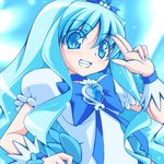  blue blue_background blue_choker blue_eyes blue_hair bow brooch choker cure_marine grin hand_on_hip heartcatch_precure! jewelry kikuchi_tsutomu kurumi_erika long_hair magical_girl precure puffy_sleeves ribbon smile solo wrist_cuffs 