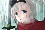  bare_tree blue_eyes breath face hair_ribbon konpaku_youmu licking_lips looking_at_viewer p3104_(syerie513) parted_lips ribbon scarf short_hair silver_hair snow_on_head snowing solo sword tongue tongue_out touhou tree upper_body weapon 