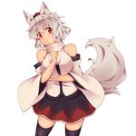  animal_ears bare_shoulders black_legwear blush breasts detached_sleeves hat inubashiri_momiji kuromiya large_breasts looking_at_viewer red_eyes short_hair silver_hair simple_background solo tail thighhighs tokin_hat touhou white_background wolf_ears wolf_tail 