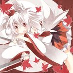  animal_ears autumn_leaves blush daidai_ookami detached_sleeves dual_wielding fang hat holding inubashiri_momiji long_sleeves looking_at_viewer open_mouth red_eyes shirt silver_hair skirt solo sword tail tokin_hat touhou weapon wide_sleeves wolf_ears wolf_tail 