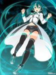  :d alternate_costume aqua_eyes aqua_hair bangs belt black_legwear blush breasts buttons cleavage cleavage_cutout crop_top cross-laced_footwear dress floating_hair full_body glowing hair_between_eyes hatsune_miku headset highres kimura_shigetaka lace lace-trimmed_thighhighs light_particles long_hair long_sleeves looking_at_viewer midriff navel necktie open_mouth outline shoes short_shorts shorts showgirl_skirt sleeve_cuffs small_breasts smile sneakers solo standing thighhighs twintails very_long_hair vocaloid watermark web_address wing_collar 