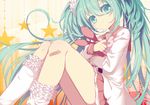  bandaid bandaid_on_knee bunny frilled_legwear green_eyes green_hair hatsune_miku kneehighs ling_(sroin) long_hair looking_at_viewer lots_of_laugh_(vocaloid) scrunchie sitting skirt solo star stuffed_animal stuffed_bunny stuffed_toy twintails very_long_hair vocaloid white_legwear 