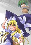  :3 apron blonde_hair bow bucket commentary crazy_smile green_eyes green_hair grin hair_bobbles hair_ornament hat hat_bow highres in_bucket in_container kirisame_marisa kisume long_hair multiple_girls musical_note purple_hair shaded_face shinapuu smile smirk touhou very_long_hair witch_hat wooden_bucket yellow_eyes 