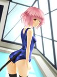  ass blush brown_eyes from_behind looking_back momo_velia_deviluke one-piece_swimsuit pink_hair pool rei_no_pool school_swimsuit short_hair solo swimsuit tail taka_(takahirokun) thighhighs to_love-ru 